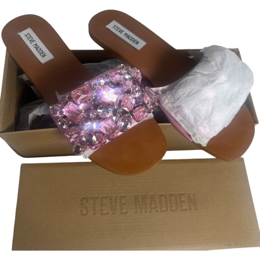 Steve Madden Pink Sandals 7.5 Jeweled flat rhinestones NIB flat travel beautifu